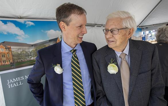 Washington University School of Engineering & Applied Science Dean Emeritus James McKelvey (right) and his son James McKelvey Jr. attended the ceremonial groundbreaking for McKelvey Hall. (Photo: Joe Angeles/Washington University)