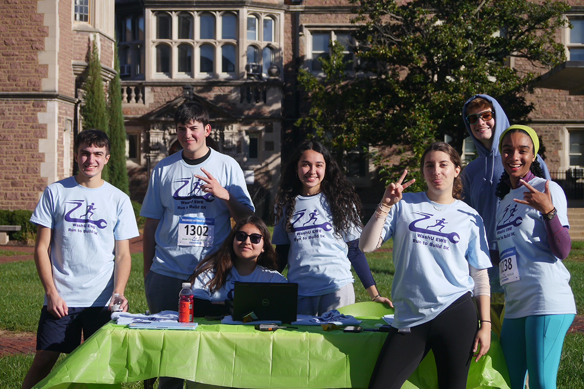 Members of WashU’s Engineers Without Borders chapter gather at the group’s inaugural Run to Build 5K on the Danforth Campus Oct. 17. The event raised support for the group’s clean water projects in Uganda.