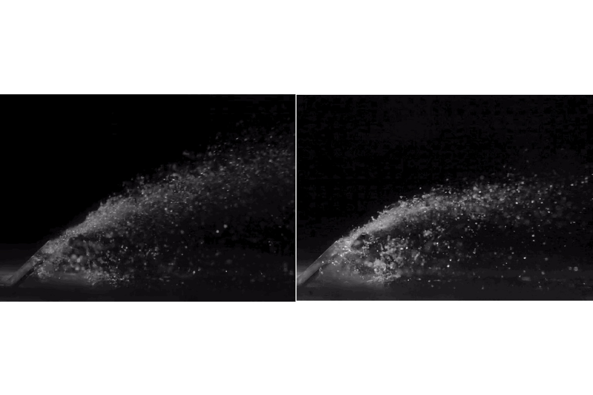 James Friend and his collaborators plan to develop a pintle-based inertial liquid atomizing nozzle technology, or PLIANT, that would produce sub-10 micrometer droplets. Droplets of this size would evaporate more quickly, mix better with air and improve engine efficiency. (From left) These images show mostly larger droplets being generated with their device off, and very fine droplets being generated when the device is on. (Credit: Friend lab)