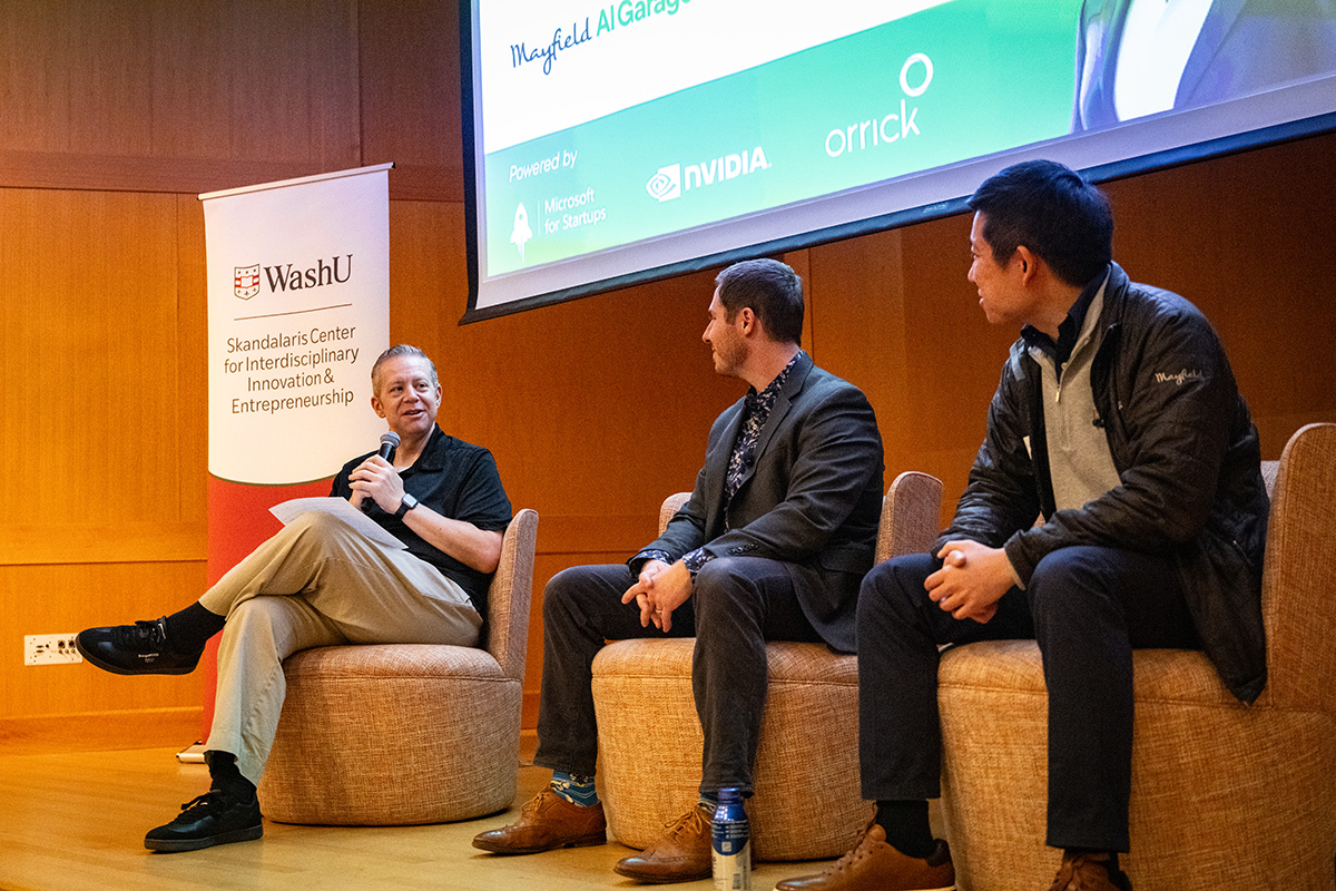II Luscri, assistant vice provost of innovation and entrepreneurship at WashU; Marc Bernstein, CEO and founder of Balto; and Irving Hsu, principal at Mayfield, participate in a panel discussion on the future of AI at WashU.