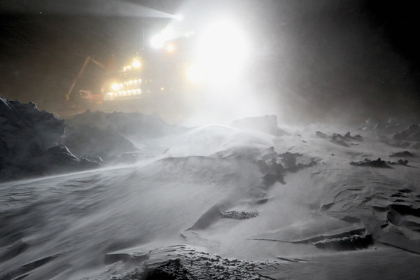 Data collected by the MOSAiC expedition to the central Arctic (shown) and analyzed by McKelvey engineers revealed blowing snow as a previously unaccounted for source of sea salt aerosols, impacting Arctic climate models. Photo by Matthew Shupe, University of Colorado