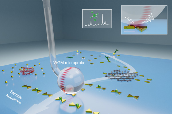Illustration of a whispering-gallery-mode (WGM) microprobe scanning across a sample substrate to collect 2D mapping of molecular fingerprints of substances. (Image: Yang lab)