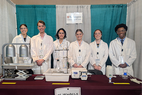 From left, members of team WashU Water Warriors: team leader Michelle Kane, Dillon Colbert, Karina Ravipati, Frannie Katz, Erin Reardon and Wes Beamer at the 2025 WERC Environmental Design Contest. (Credit: Kristen Wyckoff)