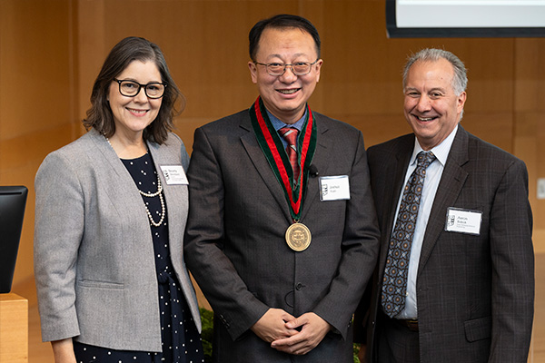 (From left): Beverly Wendland, provost and executive vice chancellor for academic affairs; Joshua Yuan, the Lucy & Stanley Lopata Professor and chair of the Department of Energy, Environmental & Chemical Engineering; and Aarom Bobick, the James M. McKelvey Professor and dean of the McKelvey School of Engineering. (Credit: Jerry Naunheim)