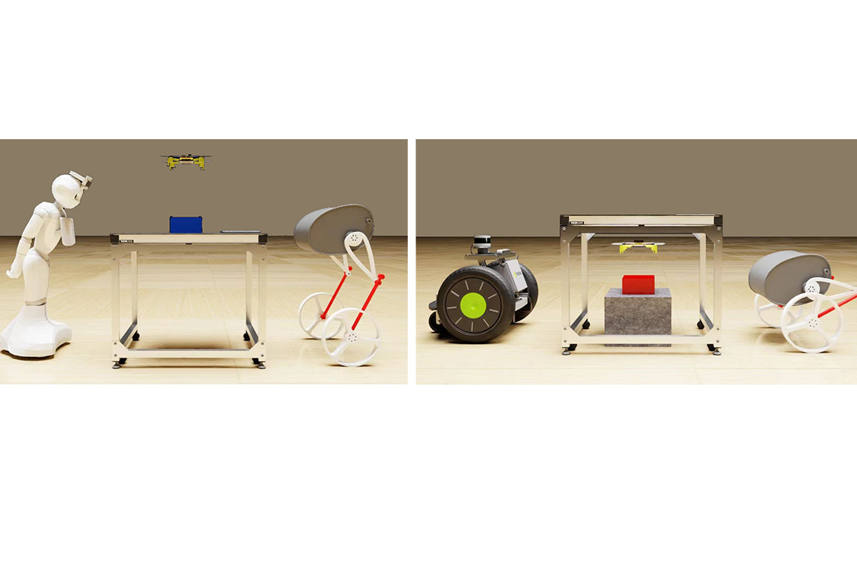  A team that included Chongzie Zhang from McKelvey Engineering developed a method that allows robots to teach other robots with different features to perform the same task. In the image on the left, the robots’ task was to monitor the blue box, and in the image on the right, their task was to monitor the red box.  (Credit: Zhang)