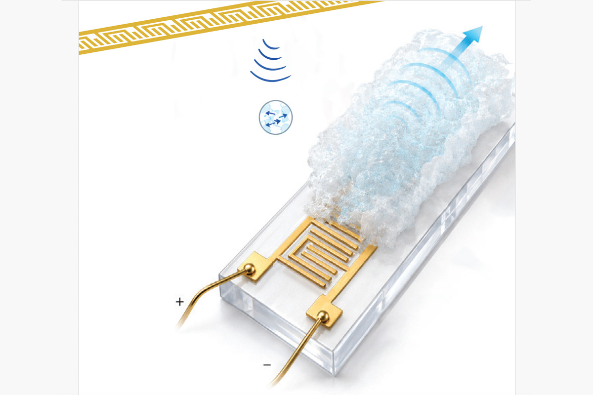 Sujith Jayakumar, a doctoral student who led the research in James Friend’s lab, used a floating-electrode unidirectional transducer (FEUDT) to send surface acoustic waves in one direction. The sound waves created tiny forces in the liquid that help pump it through the pores.  In this image, the gold metal piece at the bottom of the device is the FEUDT, which generates sound waves in one direction over the long electrode. The sound waves leak into the pores of the material, and the streaming creates pressure-driven flow.  (Credit: Sujith Jayakumar)