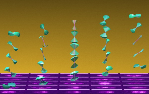 When molecules move and rotate, they don’t always do so symmetrically. Rather, they can wobble more in certain directions, represented here by elliptical cones of different sizes in cyan. A new theoretical framework developed by Matthew Lew is set to shake up how scientists measure and interpret wobbly molecular motion. (Image courtesy of Matthew Lew)