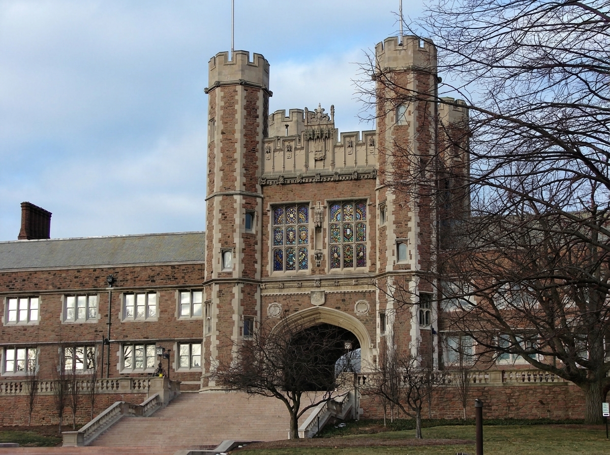 Is this Brookings Hall, or an altered photo? This real photo of Brookings Hall has been altered to include stained glass windows above the archway. A team of computer scientists in Nathan Jacobs’ lab has developed a model that learns to detect fake images by learning which are real.  (Credit: Jacobs lab using Nano Banana 2 model in Google Flow)