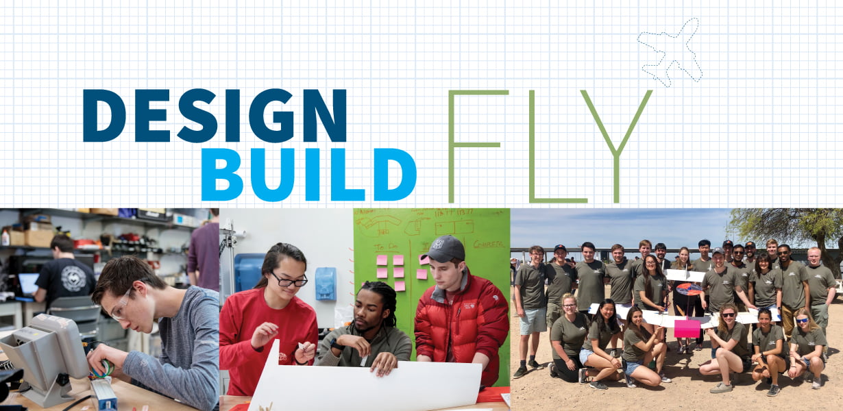 LEFT: Patrick Naughton helps manufacture WashU DBF’s plane. CENTER: From left, Ellie Macklin, Devin Williamson and Cameron Urban, members of Design/Build/Fly, work on the team’s plane in the makerspace in Urbauer Hall. RIGHT: SimDev team. Photos by Whitney Curtis